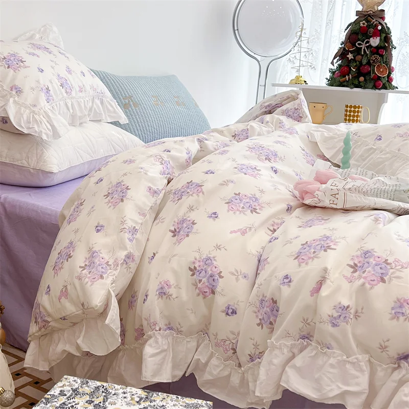 Title 10, French Blue Rose Ruffle Cotton 4-Piece Lace Twi...