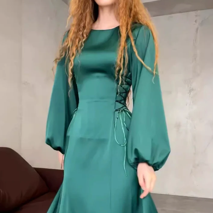 Women's Lace Up Waist-tight Puff Sleeves Dress — photo 7