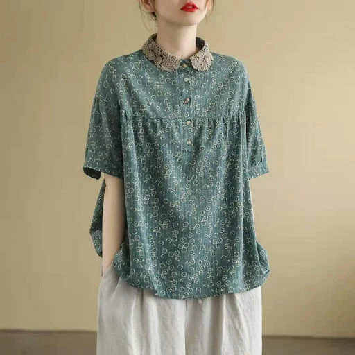 Title 3, Artistic Retro Cotton And Linen Floral Short-sl...