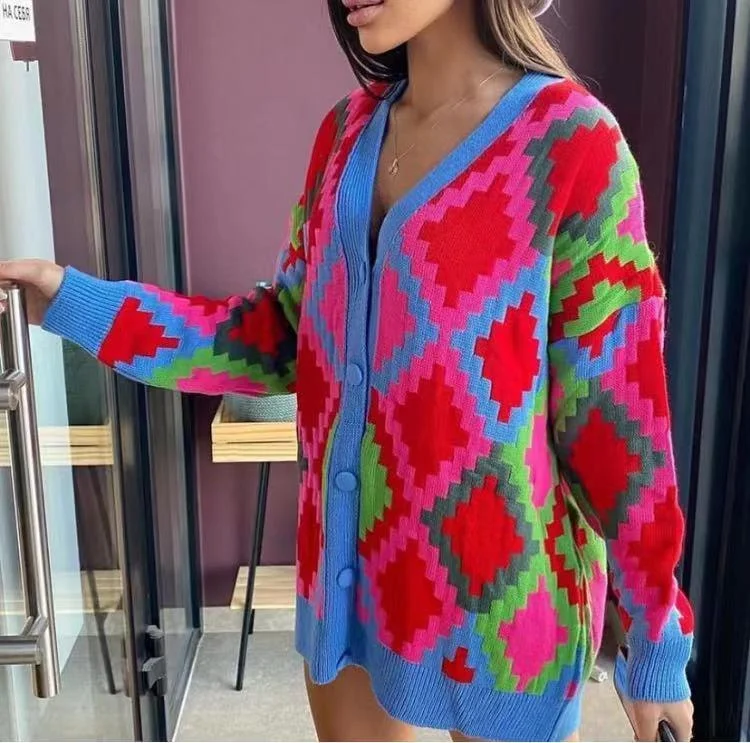 Title 5, Sweater Coat Knitted Geometric Cardigan Loose