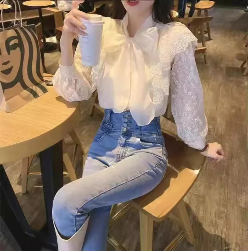 Title 6, Elegant Bow Long Sleeve Lace Shirt for Women. C...
