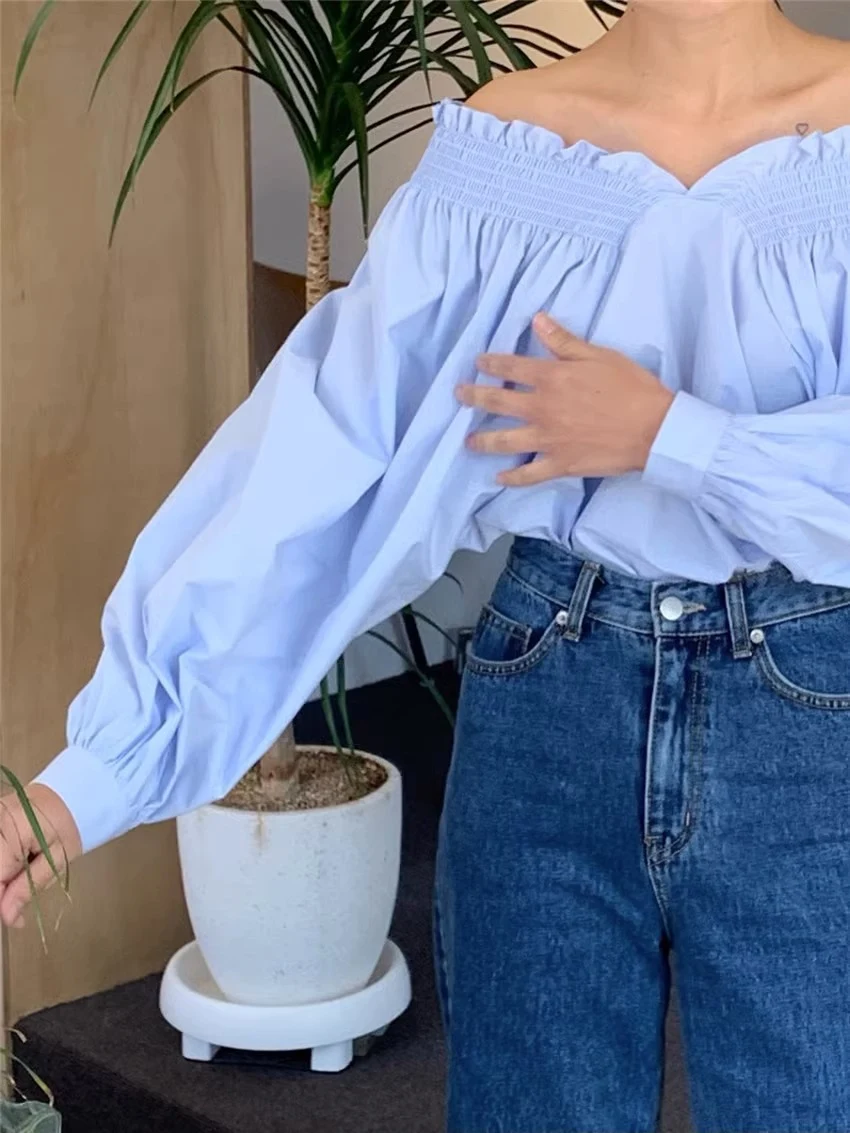 Title 6, French Milk Blue and White Off-shoulder Reverse...