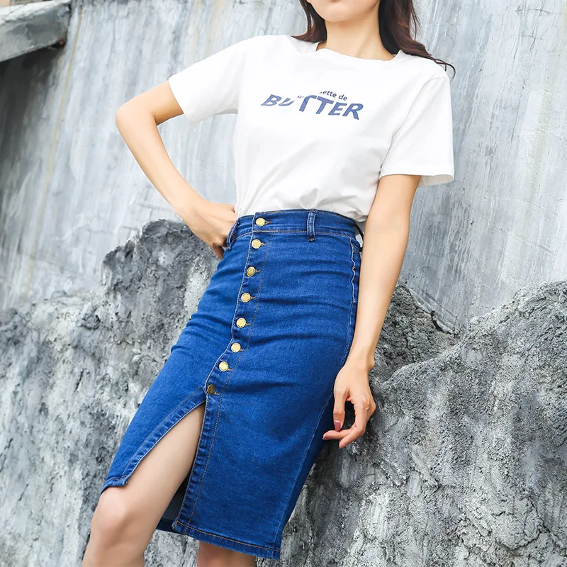 Title 3, Womens single-breasted stretch denim skirt, of...