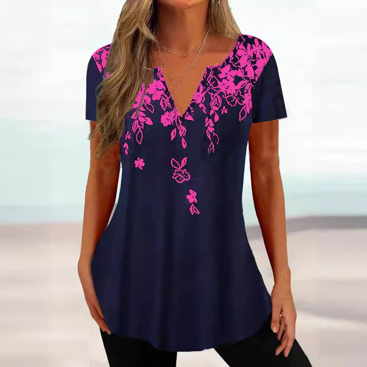 Europees en Amerikaans losvallend top-T-shirt met V-hals en gradiëntkleur met korte mouwen en print — foto 13