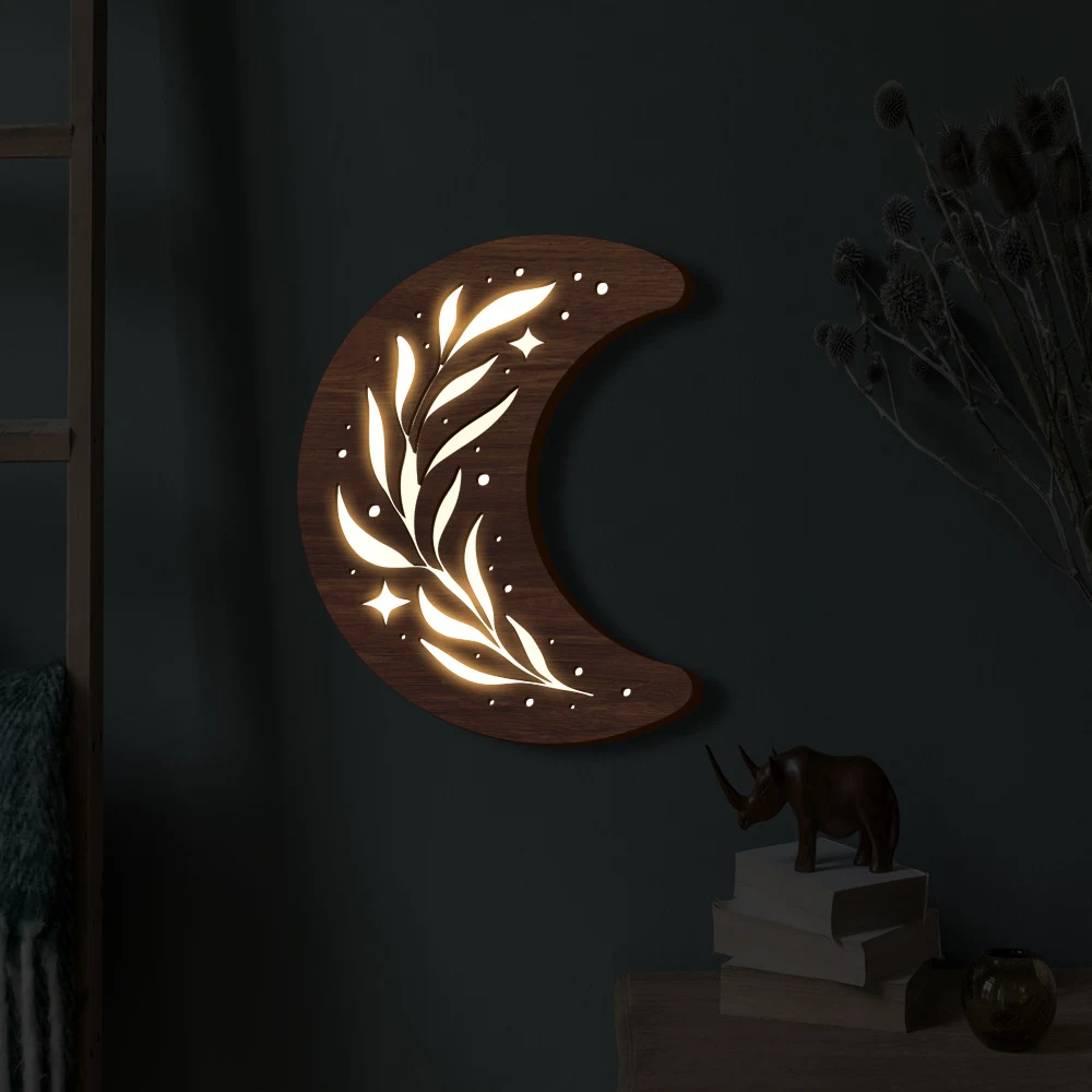 Title 4, Bohemian Style 3D Wooden Leaf Crescent Lamp Pen...