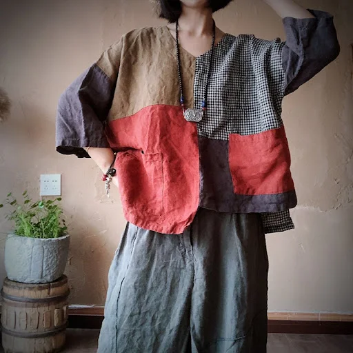 Title 3, Patchwork Linen Loose Summer And Autumn Blouse
