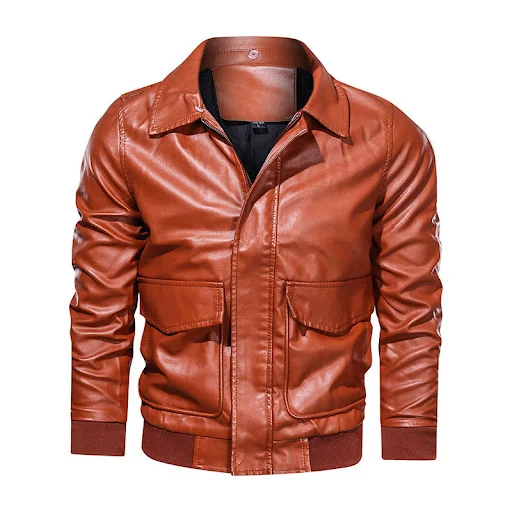 Title 3, Thin Mens Lapel PU Leather Jacket with Large P...