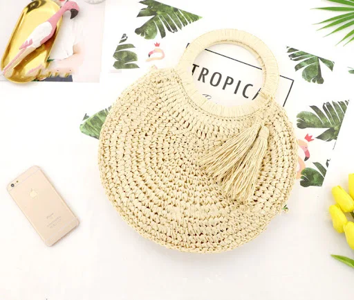 Title 4, Tassel Fringe Straw Woven Round Hand Woven Bag ...