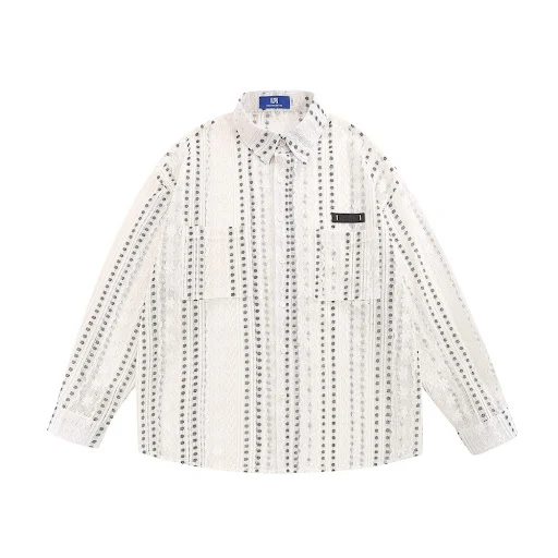 Title 2, Lace Hollow Out Long Sleeve Shirt with Polka Do...