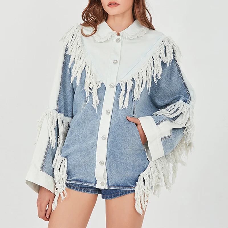 Title 5, Black and White Stitching Tassel Denim Jacket. ...