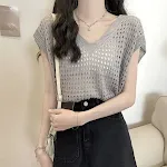 Blouse Hollow Out V-neck Knitwear Short Sleeve Vest Off-shoulder Broken Hole Design — photo 7