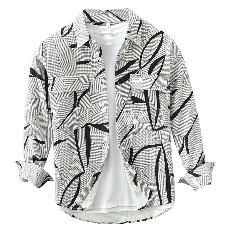 Camisa japonesa de manga longa estampada para homens, moderna e estilosa. Perfeita para um visual casual e confortável no dia a dia. — foto 3