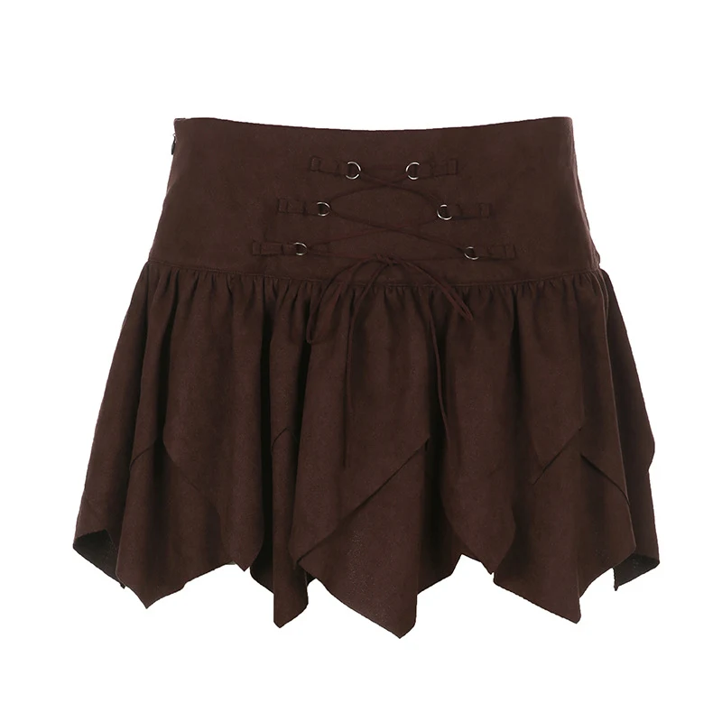 Saia feminina com cintura irregular e cadarço. Design elegante com renda e caimento perfeito. Ideal para um visual moderno e feminino. Perfeita para diversas ocasiões. — foto 9