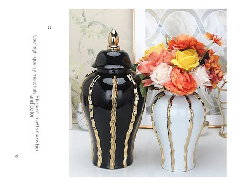 Title 9, Ceramic Black Gold Pattern Temple Jar Ornaments...