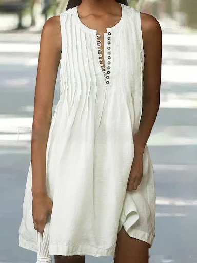 Title 3, Pleated Button Round Neck Solid Color Dress