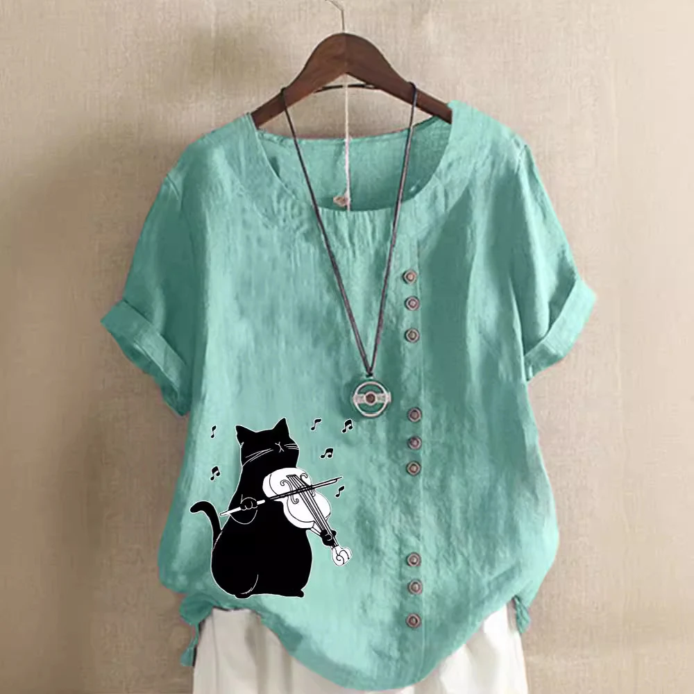 T-shirt estiva con stampa a cartoni animati a maniche corte in cotone e lino — foto 15