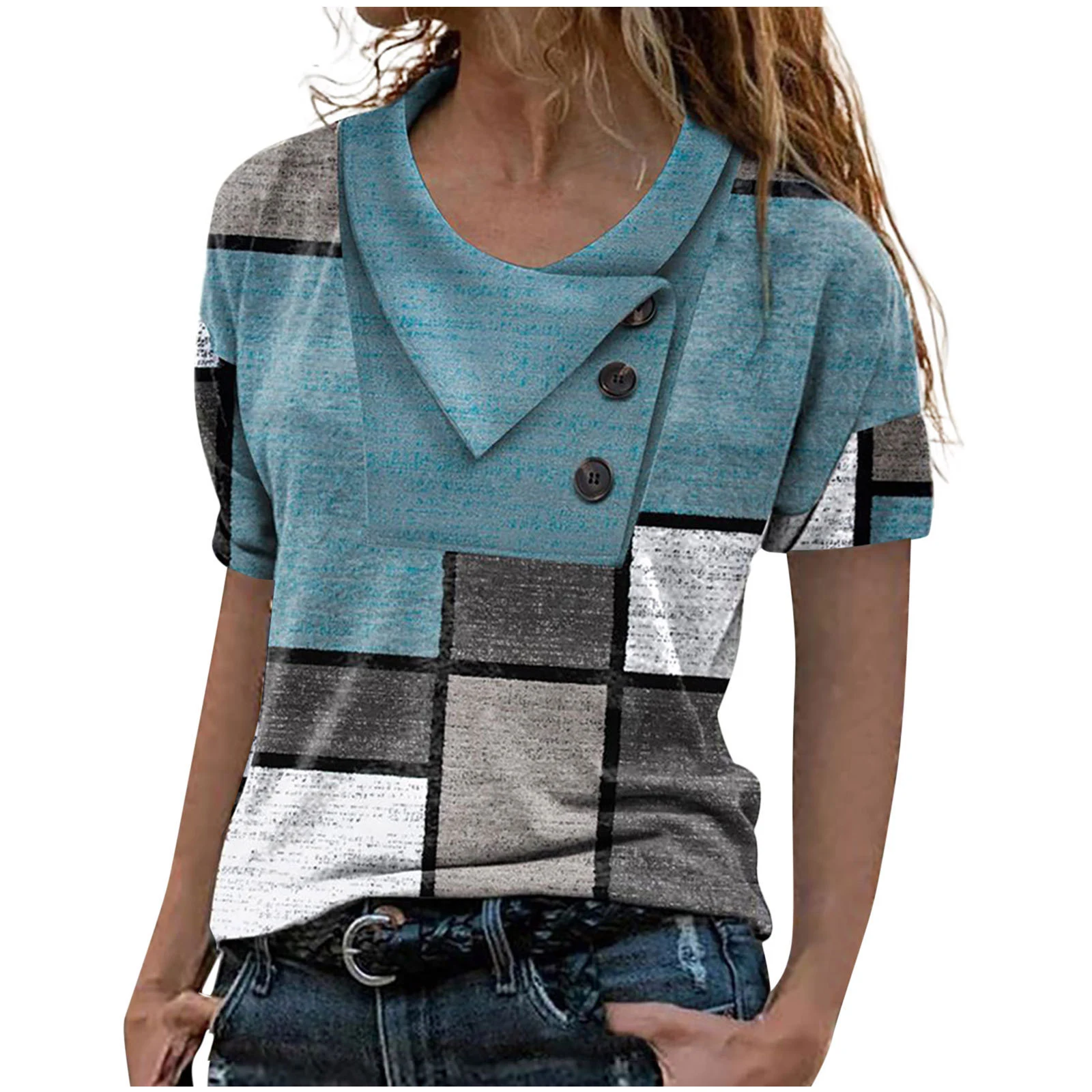 Title 2, Womens Digital Print Lapel Short-sleeved Top p...