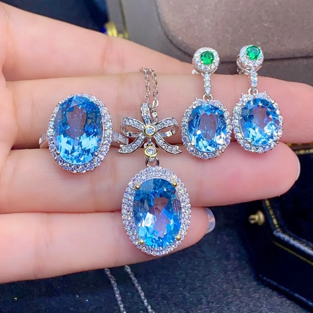 Conjunto de Anel Pingente e Brincos de Topázio Azul Natural Cristal Elegância Brilhante para um Visual Sofisticado e Charmoso — foto 1
