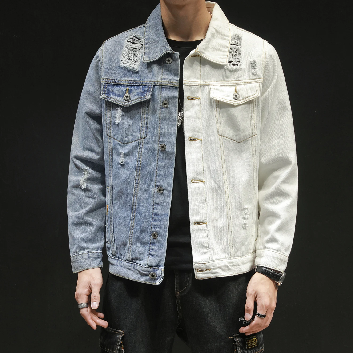 Giacca di jeans giapponese Tide da uomo, versione coreana alla moda con strappi, vestibilità slim, taglie forti, casual per giovani. — foto 3