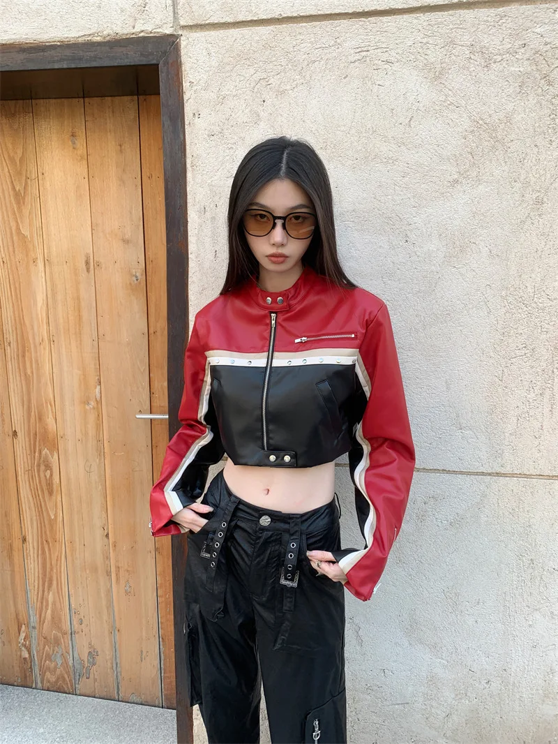 Women's Fashion Casual Long Sleeve Contrast Color Mid-length Short Leather Jacket - Stylish and versatile outerwear for — photo 7