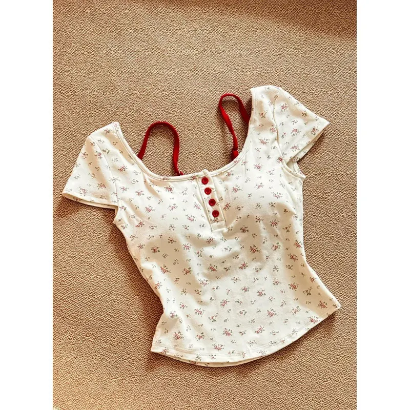 Pure Desire dames T-shirt zomer met vierkante kraag, blote schouders, korte mouwen en borst pads, bloemenprint, comfortabel en modieus. — foto 13