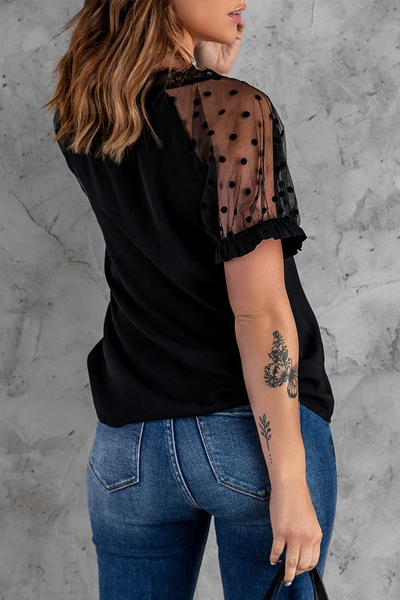 Title 3, Lace Short Sleeve Top Ladies Slim Fit V-Neck Pu...