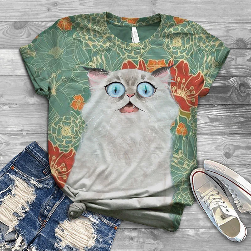 Title 6, Dames T-shirt met kattenprint, korte mouwen, co...
