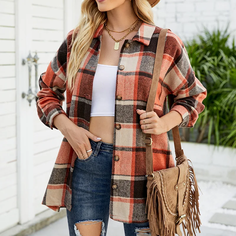 Title 8, Womens Long-sleeved Plaid Shirt Mid-length Woo...