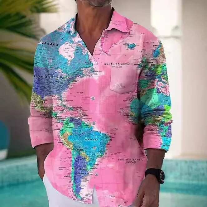 Camisa casual masculina de manga longa com mapa 3D, cardigan de outono. Tops casuais e confortáveis para o dia a dia. — foto 12