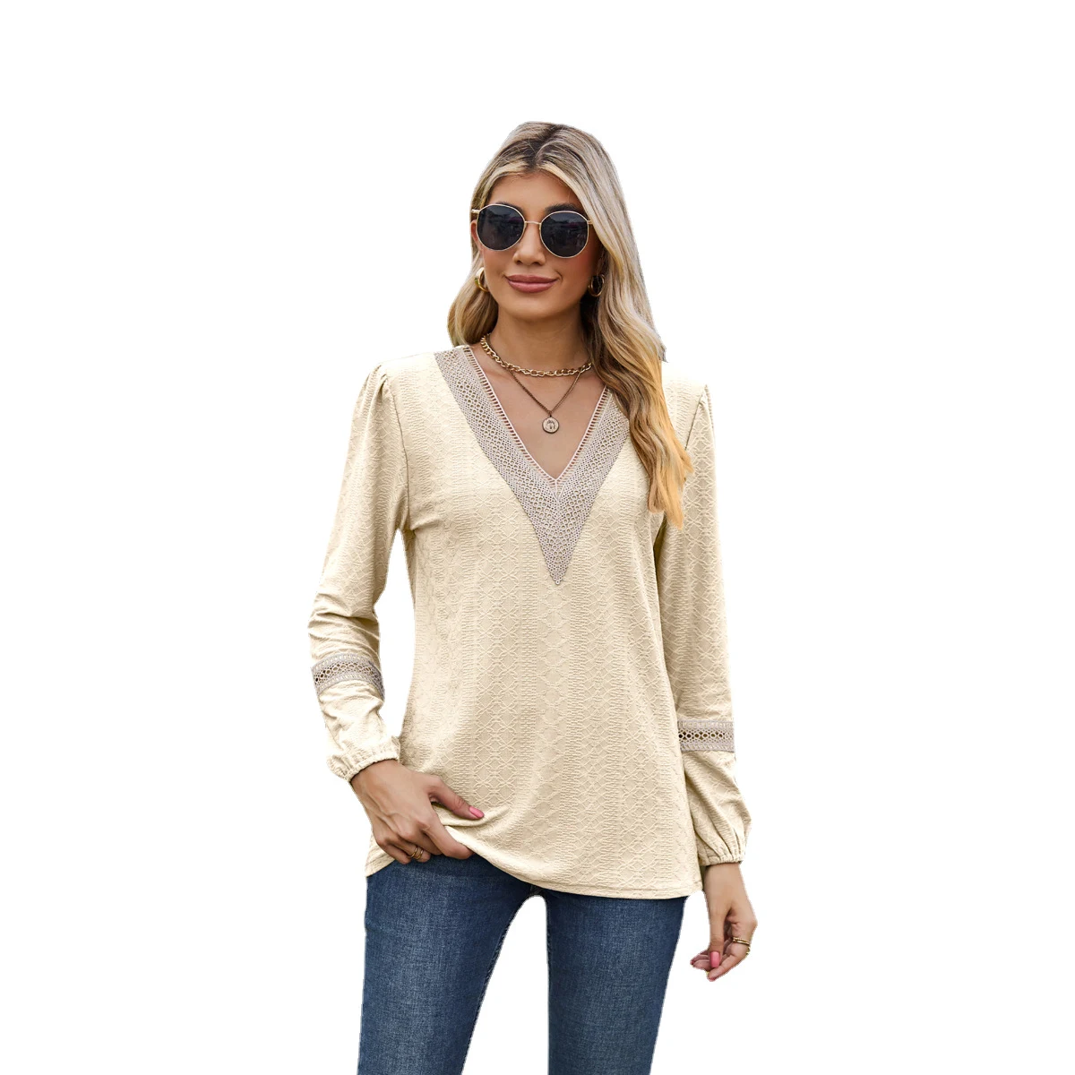 Title 8, Lace V-neck Patchwork Long Sleeve Loose-fitting...