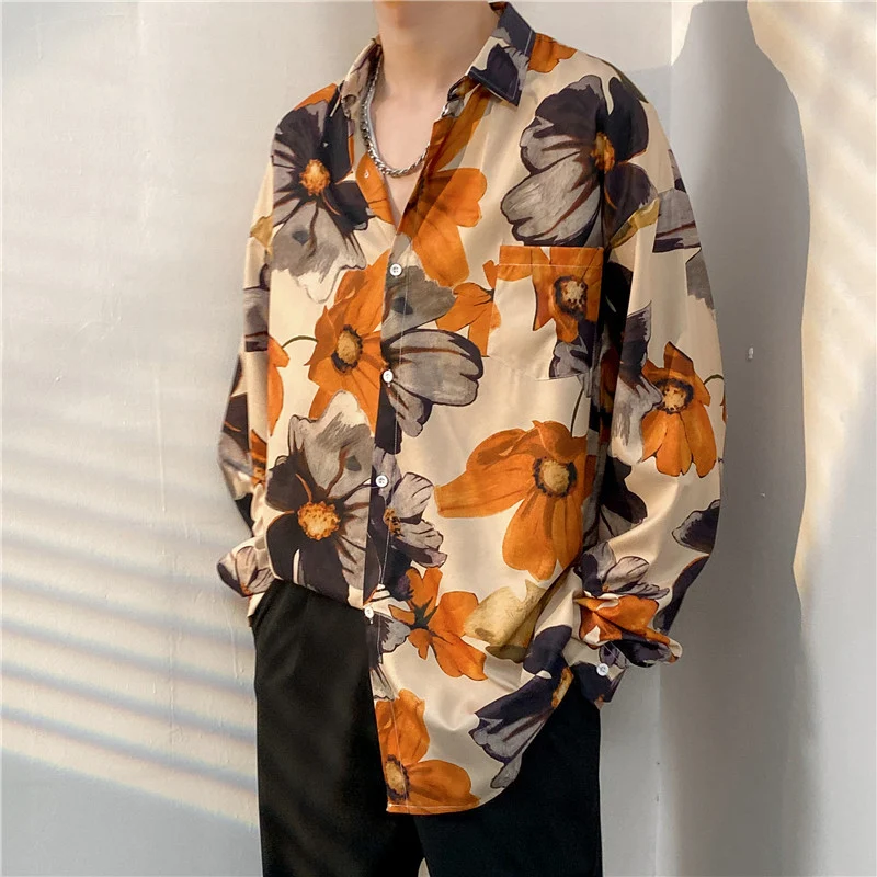 Title 12, Mens Loose Trend Retro Long-sleeved Floral Shi...