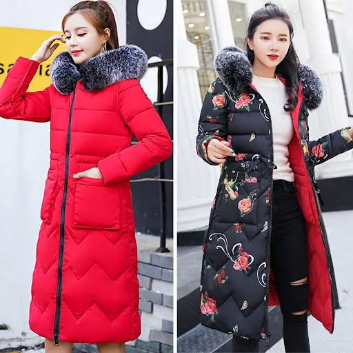 Title 5, Womens long down jacket with large hairbands, ...