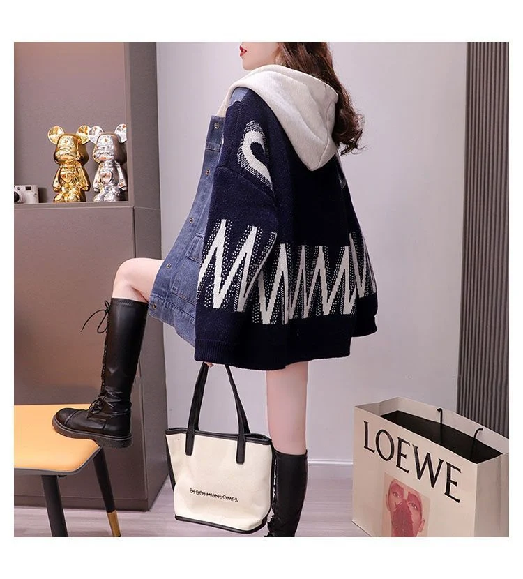 Title 10, Denim Stitching Fashion Cardigan für Damen, ein...