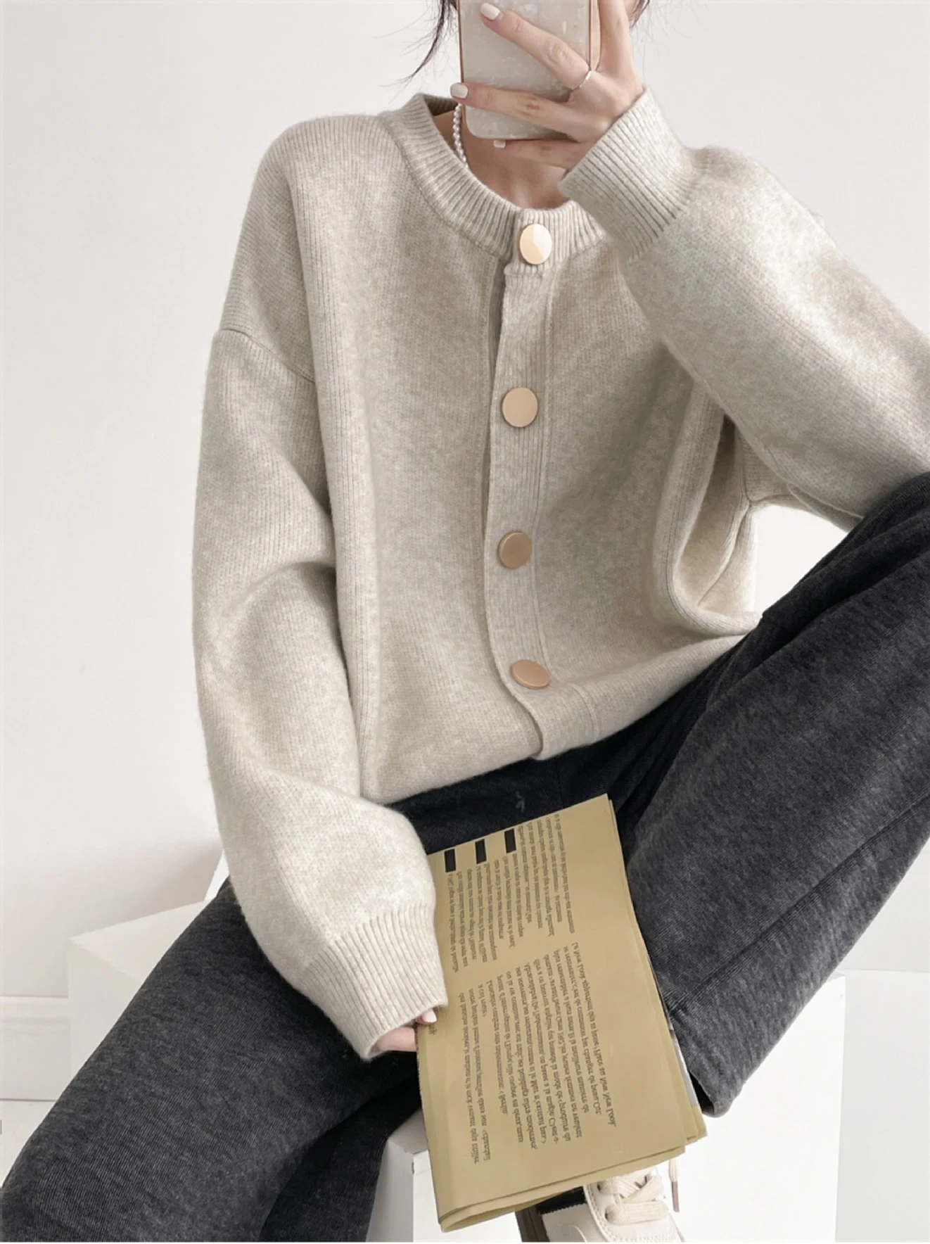 Title 7, Womens Round Neck Solid Color Loose Knitted Ca...