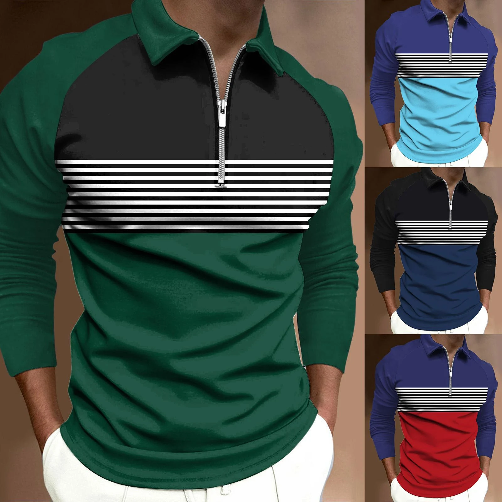 Striped Black Raglan Polo Shirt for Men with Zipper Lapel, Long Sleeve. Simple and Stylish Design. Comfortable and Versa — photo 7