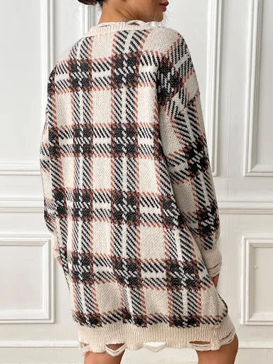 Title 9, Fashion V-neck Plaid Dress Casual Loose Long-sl...