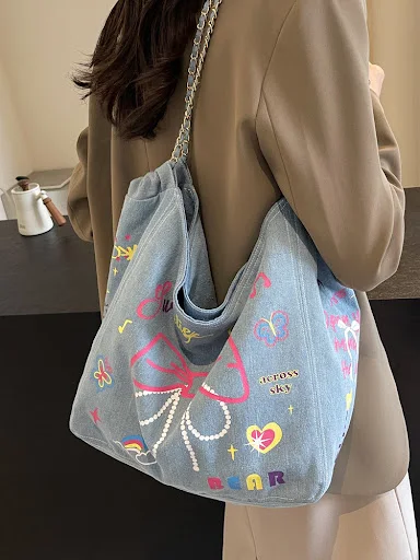 Title 5, Bolsa de ombro feminina casual de lona jeans co...