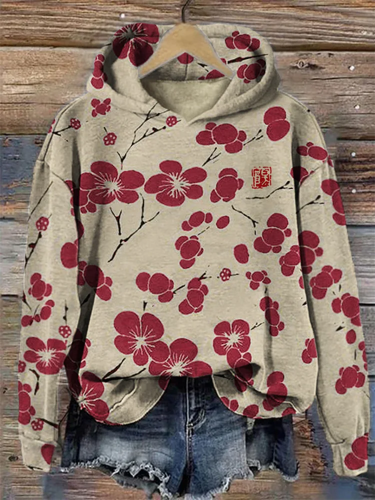 Moda primavera e outono flor de ameixa com capuz super plus size pulôver casual solto — foto 13