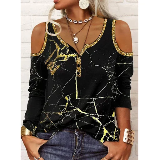 Title 4, Top Printed Off-the-shoulder Long Sleeve T-shirt