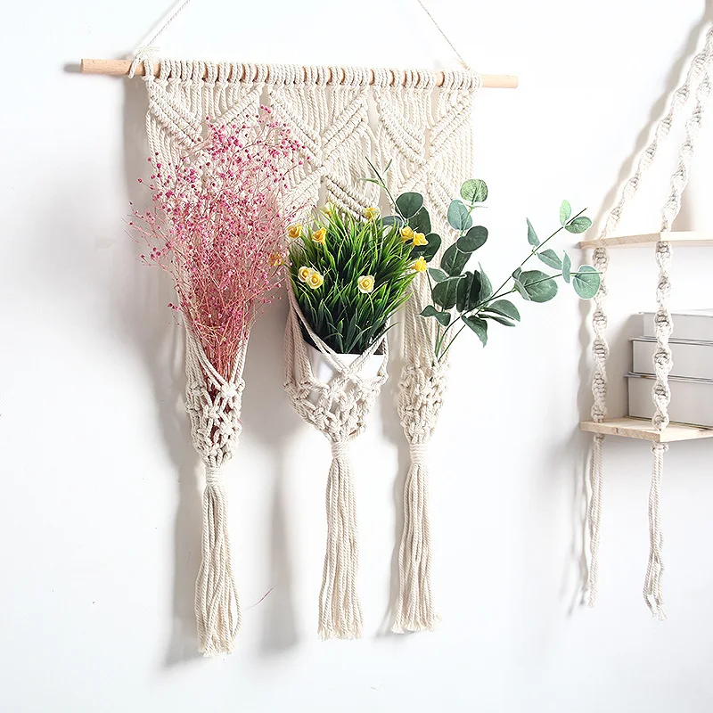 Suporte de vaso de flores secas boêmio em tapeçaria tecida, prateleira suspensa para plantas, decoração boho para casa — foto 5