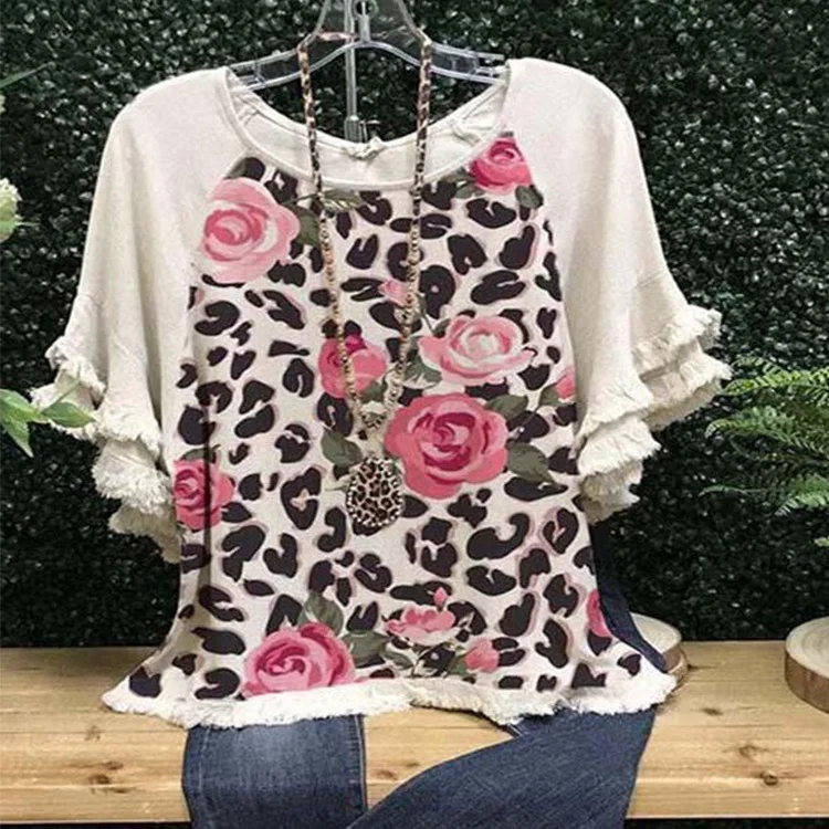 Nueva camiseta holgada de mujer con bloques de color estampado y cuello redondo con mangas con volantes de encaje — foto 14