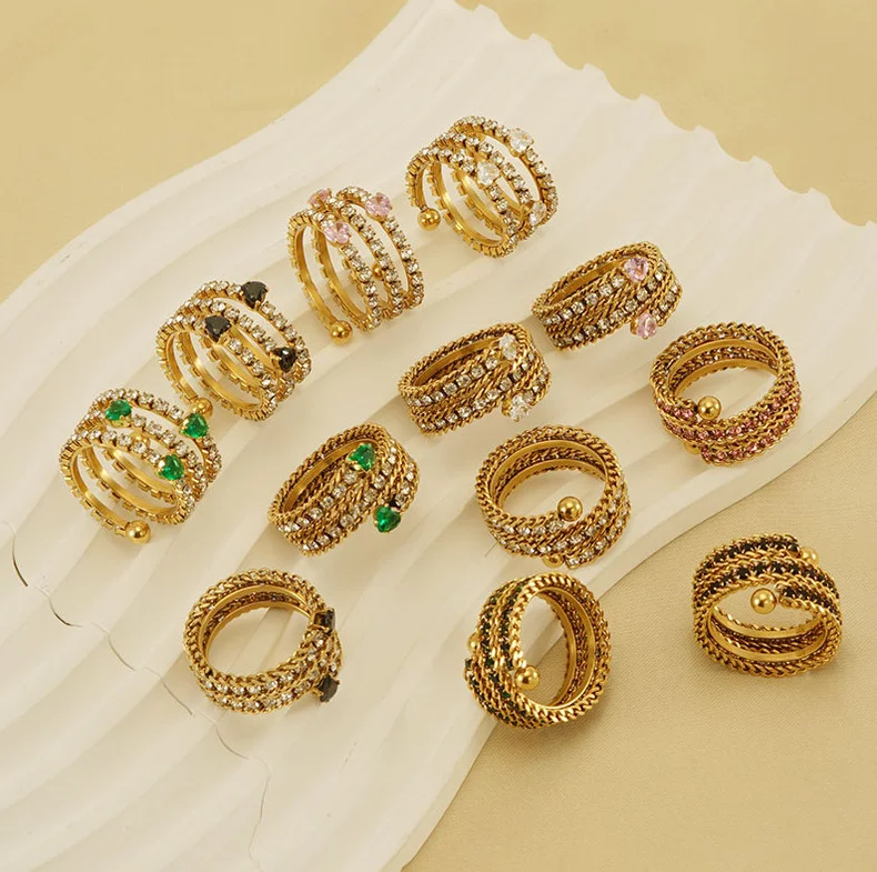 Anel Multicamadas de Aço Inoxidável 18K com Diamantes Completo e Zircônio Incrustado – Brilho e Sofisticação para um Look Impecável — foto 11