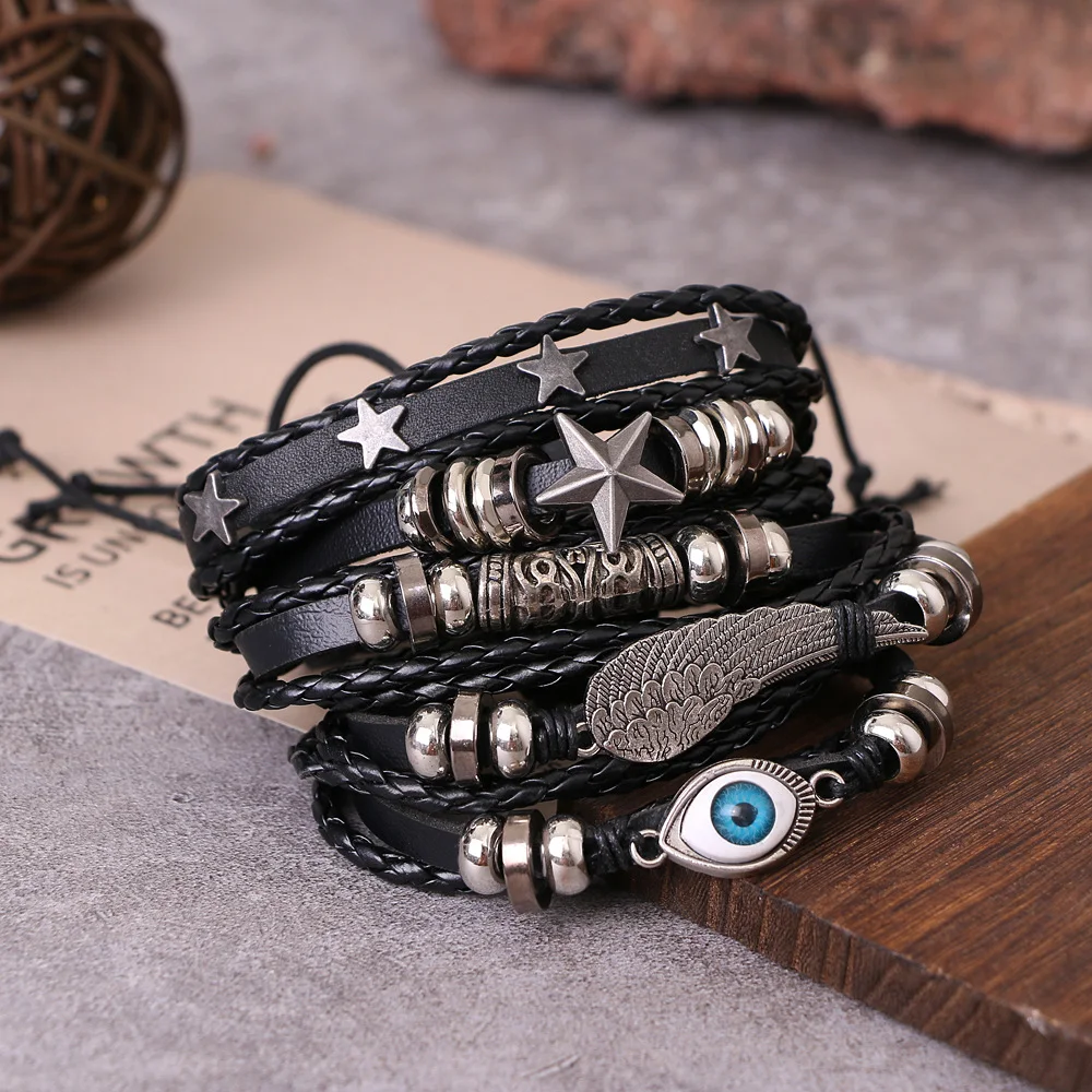 Bracelet Multi-couches en Cuir Noir Homme. Un accessoire masculin élégant et intemporel. Confortable, durable et parfait pour toutes les occasions. — photo 8