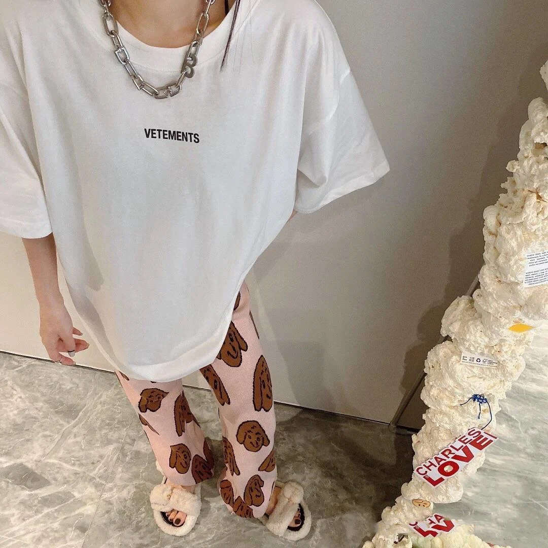 Girly pink puppy print knitted slacks with tassels, comfortable and cute for girls, perfect for everyday wear, playdates — photo 3