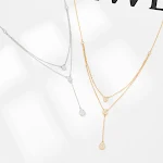 Colar feminino elegante de prata 925 com pingente de gota de diamante. Design simples, camada dupla, ideal para valorizar o colo e a clavícula. — foto 1