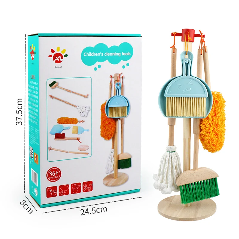 Kit de limpeza de casinha de brincar de simulação de madeira Brinquedo infantil que promove brincadeiras imaginativas e ensina habilidades de limpeza — foto 5