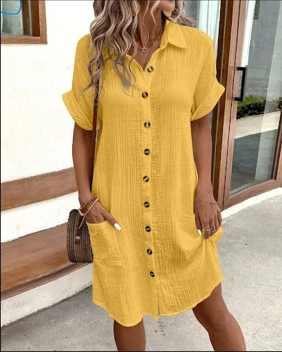 Title 22, Summer Short Sleeve Shirt Dress Fashion Solid C...