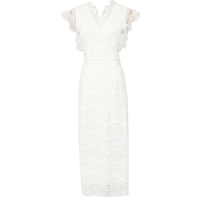Vestido Longo Feminino Branco de Renda Temperamento Slim Ajuste Perfeito Elegância e Sofisticação para Mulheres — foto 1