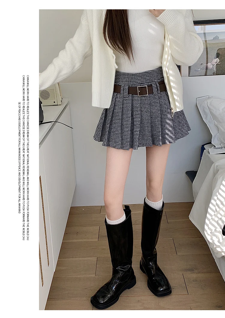 Saia A-line Retro Marrom com Estampa Houndstooth para Mulher. Design Charmoso e Atual. Crie Looks Incríveis. — foto 12