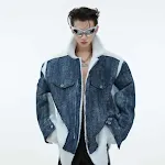 Casaco jeans com costura de lã de cordeiro, duas peças falsas, estilo e conforto. Perfeito para um visual moderno e aconchegante. — foto 4